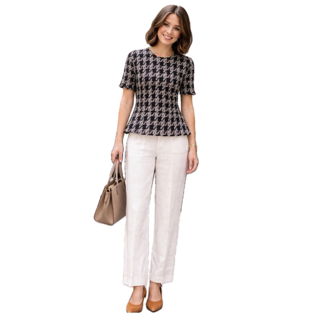 Zara Tweed Peplum Top – Short Sleeve – Frayed Hem – Black & White , Size S